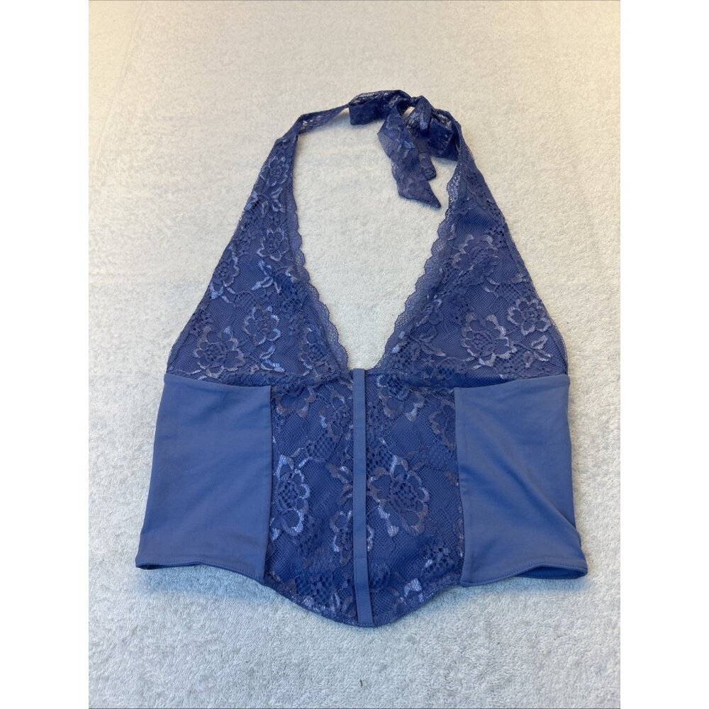 Uncooyee Periwinkle Blue Lace/Stretch Halter V Neck Top Ties at Neck SZ S NWOT